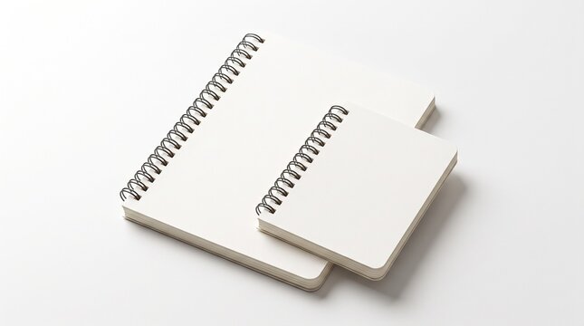 Spiral notebooks and notepad mockup photo. Two white blank paper notepads with black metal wire binding on clean white desk surface. Minimalist stationery layout for branding presentations