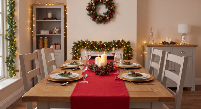 Holiday dining table setting featuring a red table runner glowing candles plates and evergreen garlands in a warm festive dining room