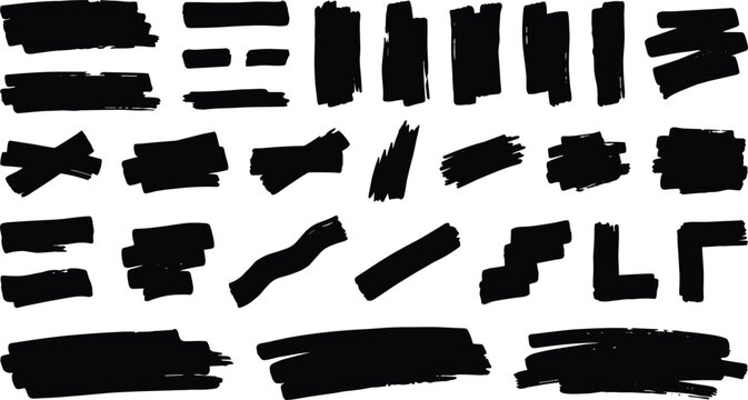 Pure Black Heavy Marker Stroke Vector Collection with Bold Block Swipes Thick Painted Bars Blunt Edges Rough Graphic Marks and Strong Abstract Elements for Modern Creative Design Projects