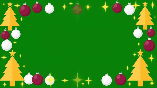 Animated Christmas tree and bauble border frame motion background with star icons and flat vector graphic design for holiday video editing and digital media production projects.