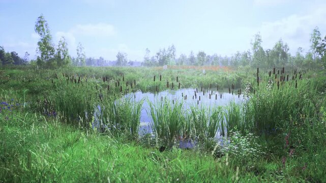 Lush wetland pond with cattails and wildflowers, gentle morning haze, reflective water, distant treeline, dragonflies, peaceful atmosphere, conservation value