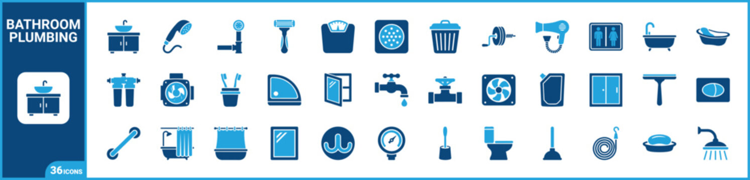 Bathroom Fixtures And Plumbing two-tone icon set. Filled glyph pictograms of sanitaryware, shower fittings, vanity furniture, and pipe elements, blue duotone illustration.