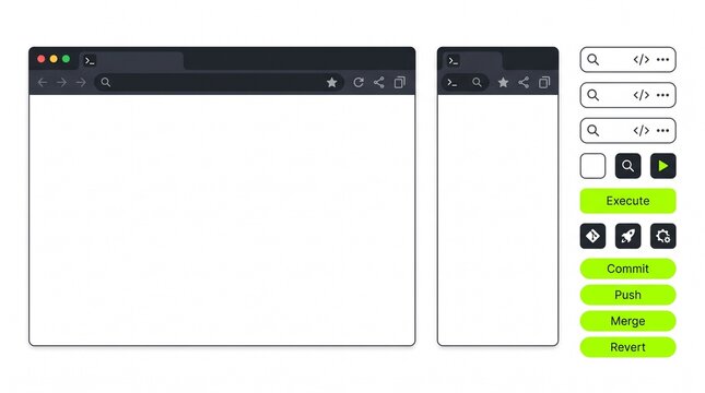 Browser mockup and software development UI kit. Featuring responsive web windows search bars and action buttons like execute commit push merge and revert. Clean dark mode design