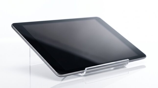 Modern digital tablet device resting on a clear acrylic stand against a bright white background studio shot with high key lighting for technology business concepts and e-learning product pho