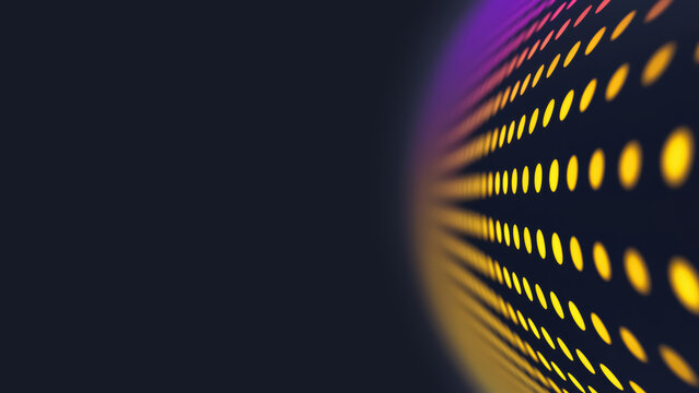 Abstract blurred neon dots perspective background with large dark copy space