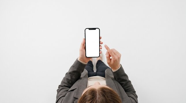 Smart device user interaction concept photo. Woman holding black smartphone with white mockup screen. Top down flat lay view of person sitting against clean white background for mobile app design