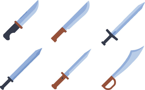 Sword icon set sharp blade dagger knife saber cutlass medieval weapon combat equipment flat vector illustration isolated on white background