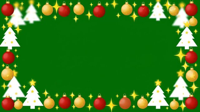 Christmas holiday animated video background loop featuring white pine trees, red and gold ornaments, and glowing star border frame for commercial digital media broadcasts.