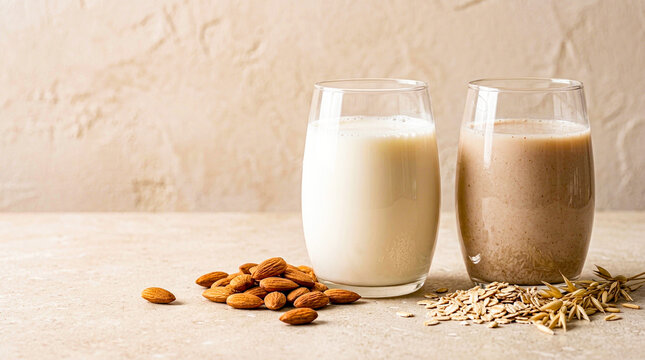 Alternative Dairy Plant Milk Glasses with Whole Almonds and Oat Flakes