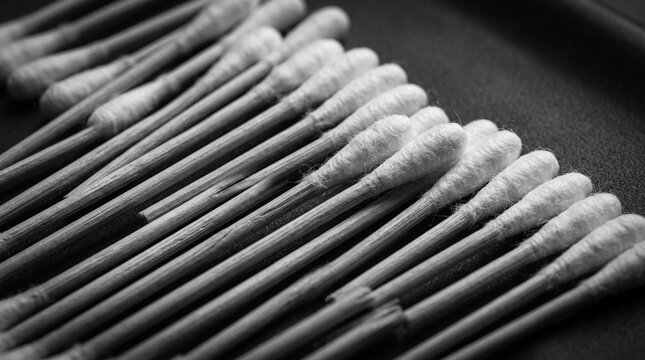 Macro black and white photograph of cotton swabs arranged in a neat diagonal row on a dark textured background capturing minimalist design and clean hygiene bathroom supplies