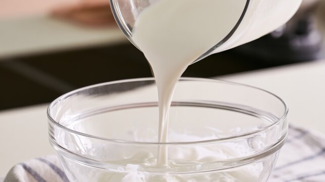 Pouring milk into a bowl during a cooking process in a kitchen