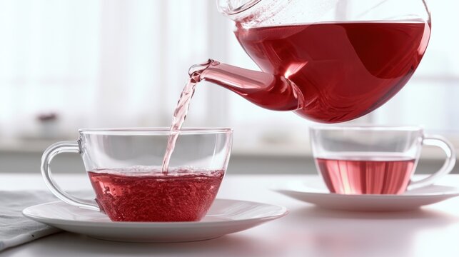Pouring red tea into a clear cup on a table during daytime