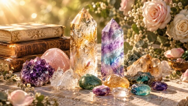 Mystical Collection of Crystals and Old Books: An enchanting display of various polished crystals, including amethyst, rose quartz, and clear quartz, alongside aged, leather-bound books.