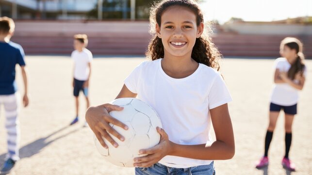 Young girl holds soccer ball with smile during practice on outdoor sports field in afternoon