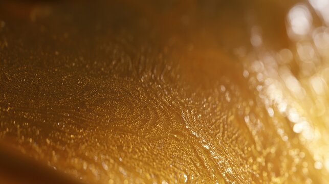 Close-up view of textured surface with shiny gold color under light