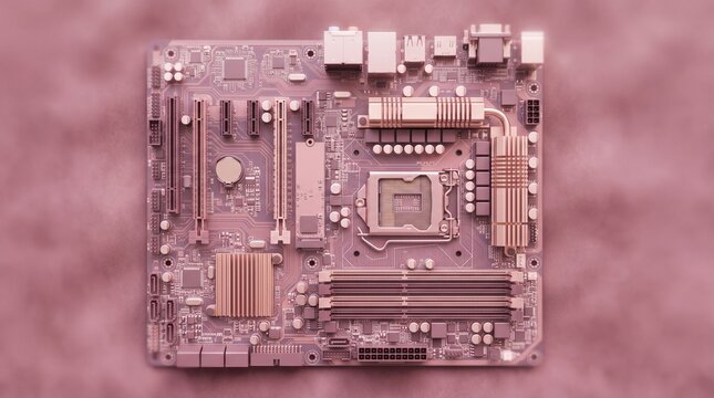 Modern computer motherboard printed circuit board top view in a dreamy monochromatic rose gold tone for futuristic technology background concept