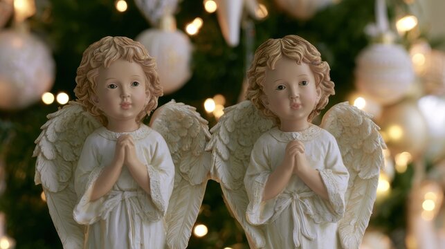 Two angel figurines with folded hands in front of a Christmas tree with lights
