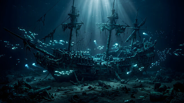 Sunken wooden pirate ship wreck resting on the dark ocean floor with glowing bioluminescent sea life