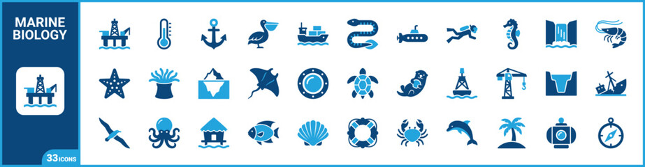 Obraz premium Ocean and marine life two-tone icon set. Filled glyph pictograms of marine biology, nautical navigation, aquatic animals, and offshore elements, blue duotone illustration.