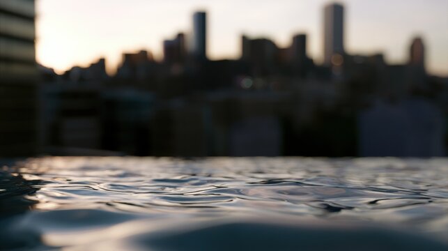 Water surface reflects city skyline during sunset