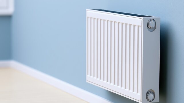 Heater installed on a wall in a room with light blue paint and a wooden floor
