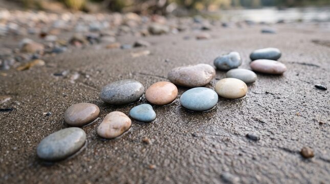 A close up view of smooth colorful river stones arranged in a gentle curve on wet sand along a calm riverbank in soft natural morning light creating a serene and peaceful outdoor nature scen