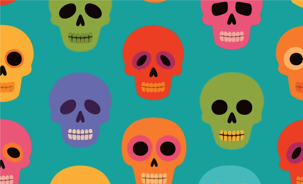 Seamless pattern vector illustration featuring vibrant, colorful sugar skulls arranged on a turquoise background.