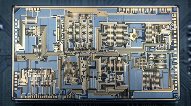 Macro view of an intricate computer processor chip showing golden circuit board traces and semiconductor die architecture for high tech and electronics engineering concepts