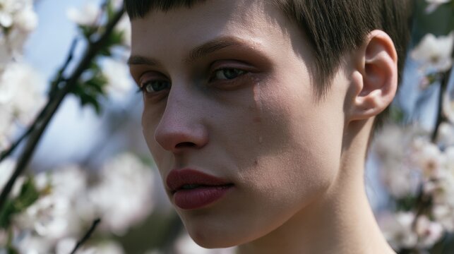 Close-up of a person with short hair near blooming flowers under daylight