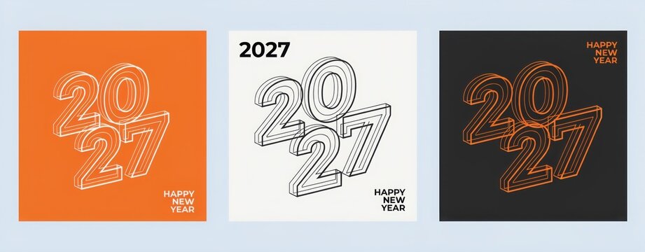 Set of 2027 happy new year greeting cards with isometric typography