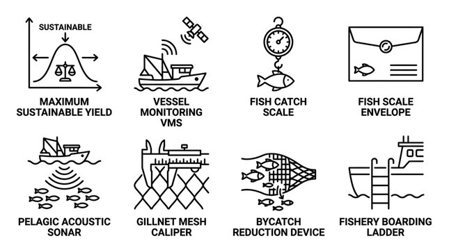 Set of commercial fishing technology and marine resource management icons with sustainability monitoring envelope technology maritime equipment nautical commercial tracking management