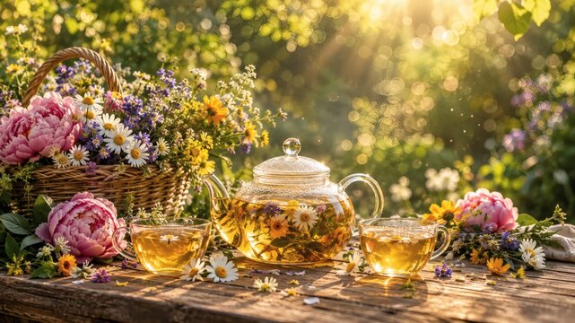 Tea Time Bliss: A charming glass teapot filled with golden herbal tea sits on a rustic wooden table, accompanied by two delicate cups and a woven basket overflowing with vibrant summer wildflowers.