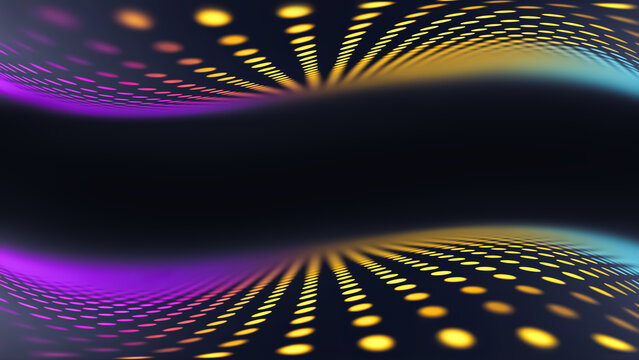 Abstract wave frames of glowing yellow and purple neon dots on a dark backdrop