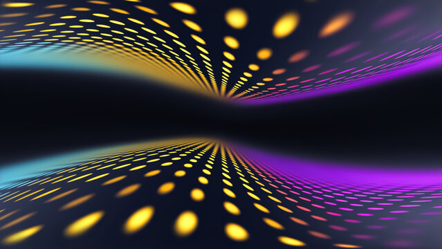 Abstract perspective horizon with glowing yellow and purple neon dot waves