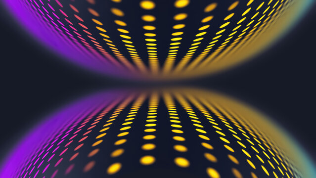 Abstract neon dots background with curved perspective and purple gradients