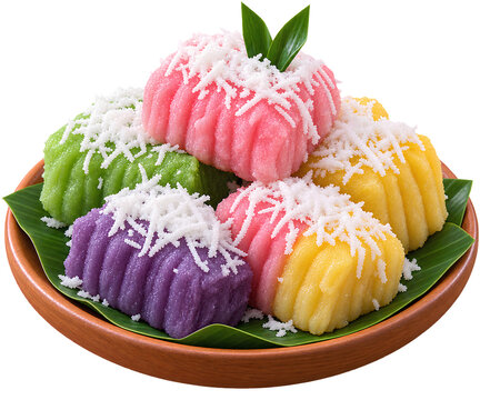 Colorful traditional Indonesian wet snacks, putu mayang or tapioca flour cakes with grated coconut on a banana leaf and clay plate isolated