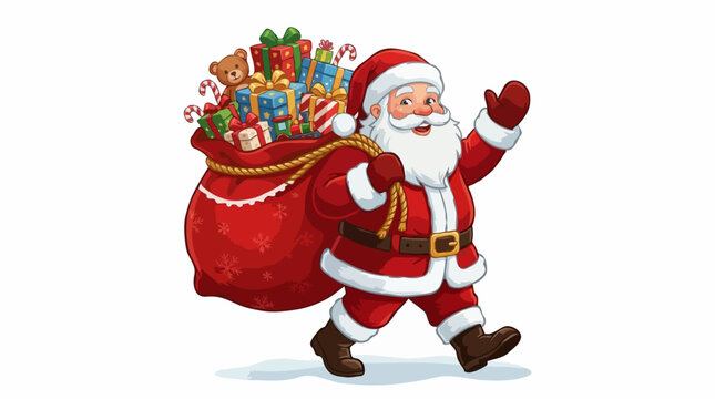Santa Claus walking with a sack full of gifts on his back, waving hello. He is wearing his iconic red suit and hat.