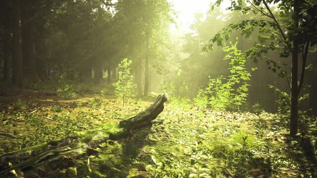 Magical glade in french forest with soft beams and mossy log evoking folklore and fairytale mood, perfect for editorial storytelling and childrens narratives.