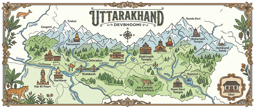 Illustrated Map of Uttarakhand Region with Mountains and Rivers
