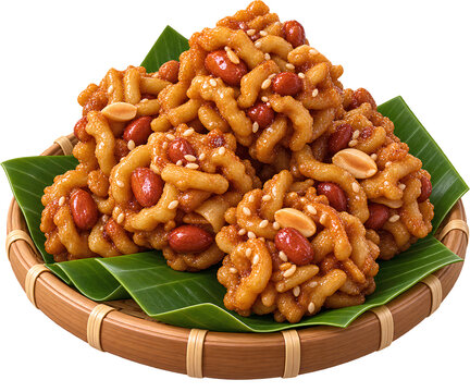 raditional Indonesian sweet crispy fried snacks, Kembang Goyang or Kuih Loyang, sprinkled with sesame seeds and peanuts on banana leaves in a bamboo basket isolated