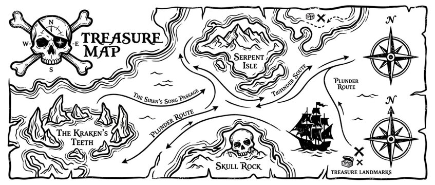 Pirate Treasure Map with Skull and Ship Illustration