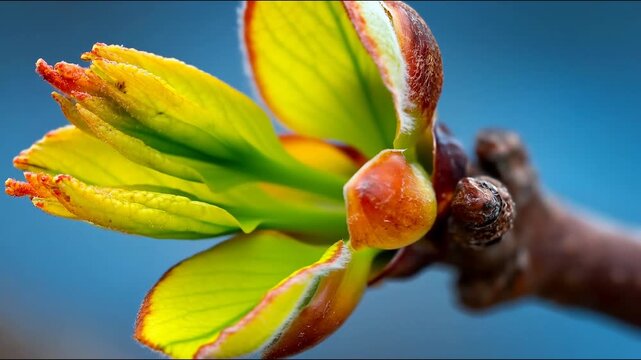 A macro time-lapse captures a fuzzy tree bud slowly unfurling vibrant yellow-green leaves against a soft blue background.