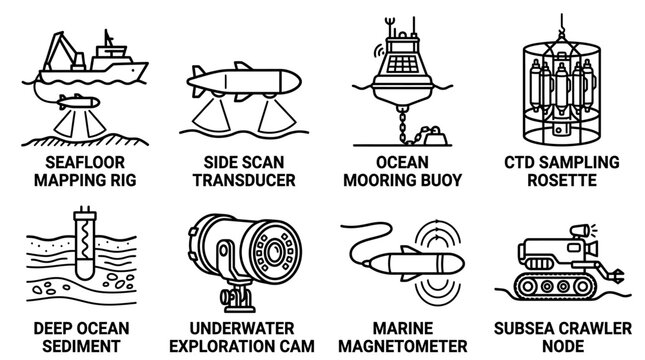 Oceanographic and underwater exploration technology icons with underwater exploration transducer sediment magnetometer nautical technology research seafloor hydrographic sampling monitoring