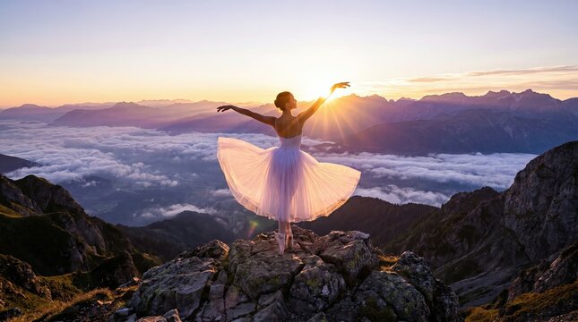 Ballerina Dancing in Tutu at Sunrise on Mountain Peak
