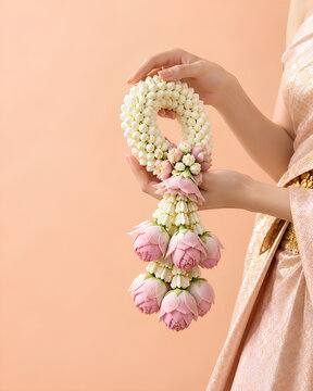 Elegant Thai hospitality concept with premium lotus phuang malai garland on pastel orange background, AI generated