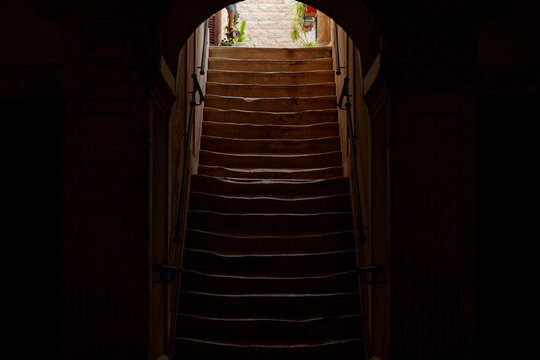 stone aged staircase passage in shadow frame work pattern artistic picturesque old architecture aesthetic