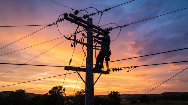 Silhouette of Electrical Lineman Working High Up on Utility Pole at Sunset