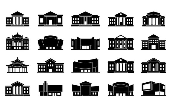 Collection of various public and government building silhouette icons with building icon