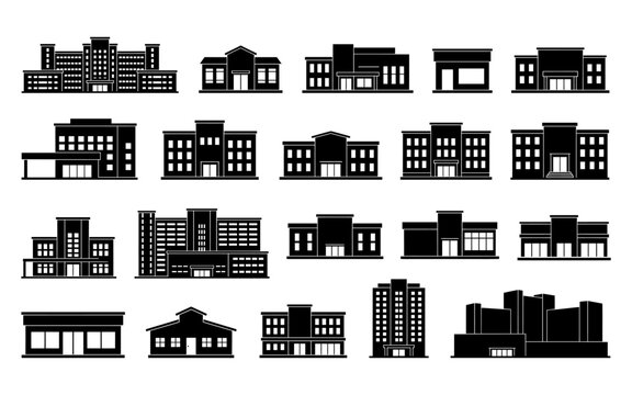 Diverse set of administrative and public building silhouette icons for urban planning with landmark