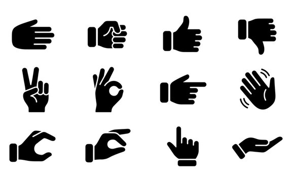 Set of black hand gesture icons depicting various common communication signals and signs